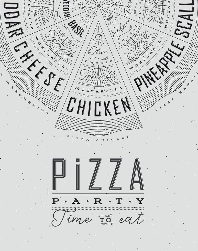 Poster featuring slices of various pizzas, chicken, seafood, pepperoni, cheese, margherita with recipes and names showcased in pizza party time to eat lettering, drawn on a grey background. vector