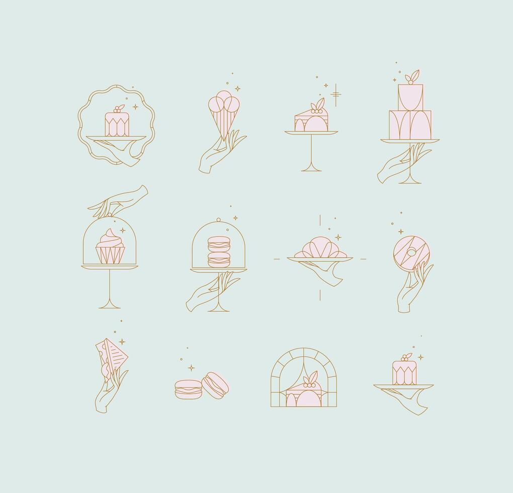 Desserts on cake stand in art deco style labels drawing with pink on turquoise background vector