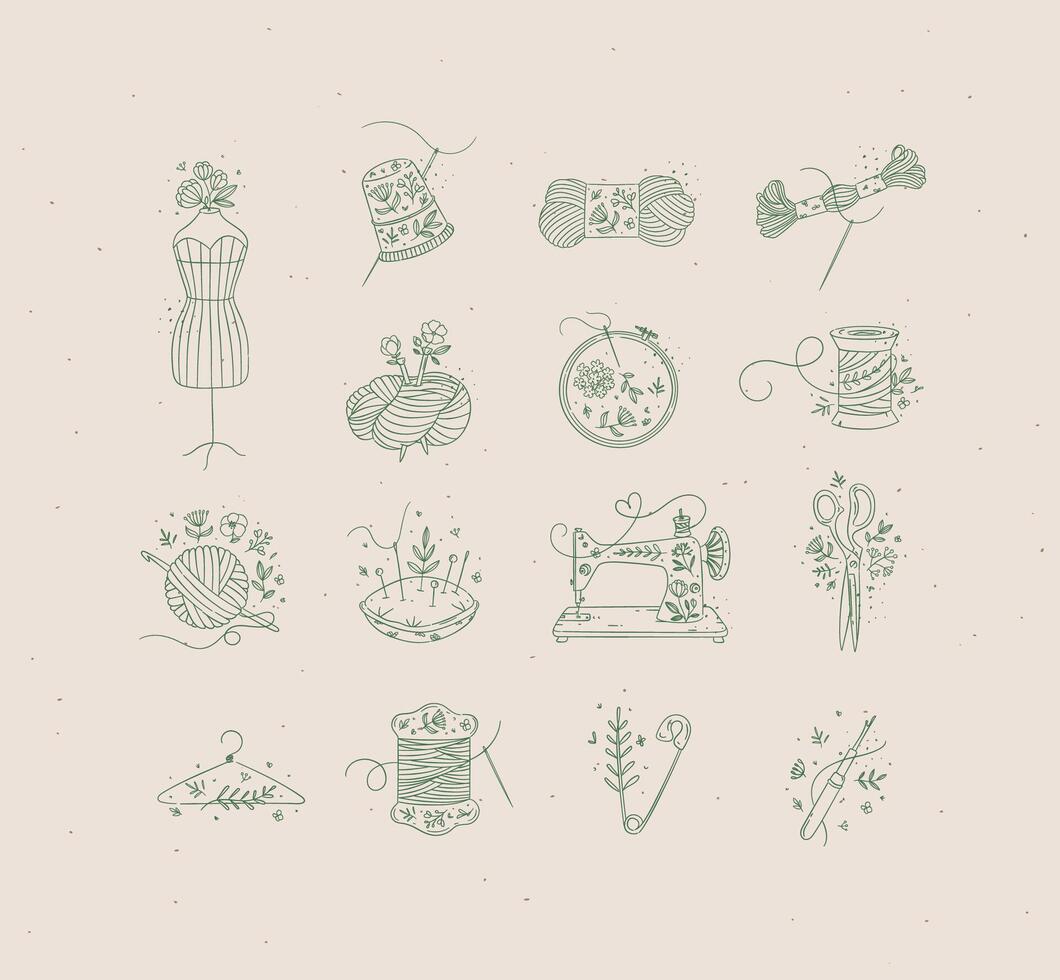 Sewing item icons scissors, mannequin, pin, thimble, wool, threads, yarn, skein, bobbin, pillow, sewing machine, hanger, embroidery circle hook drawing in floral style with green on beige background vector