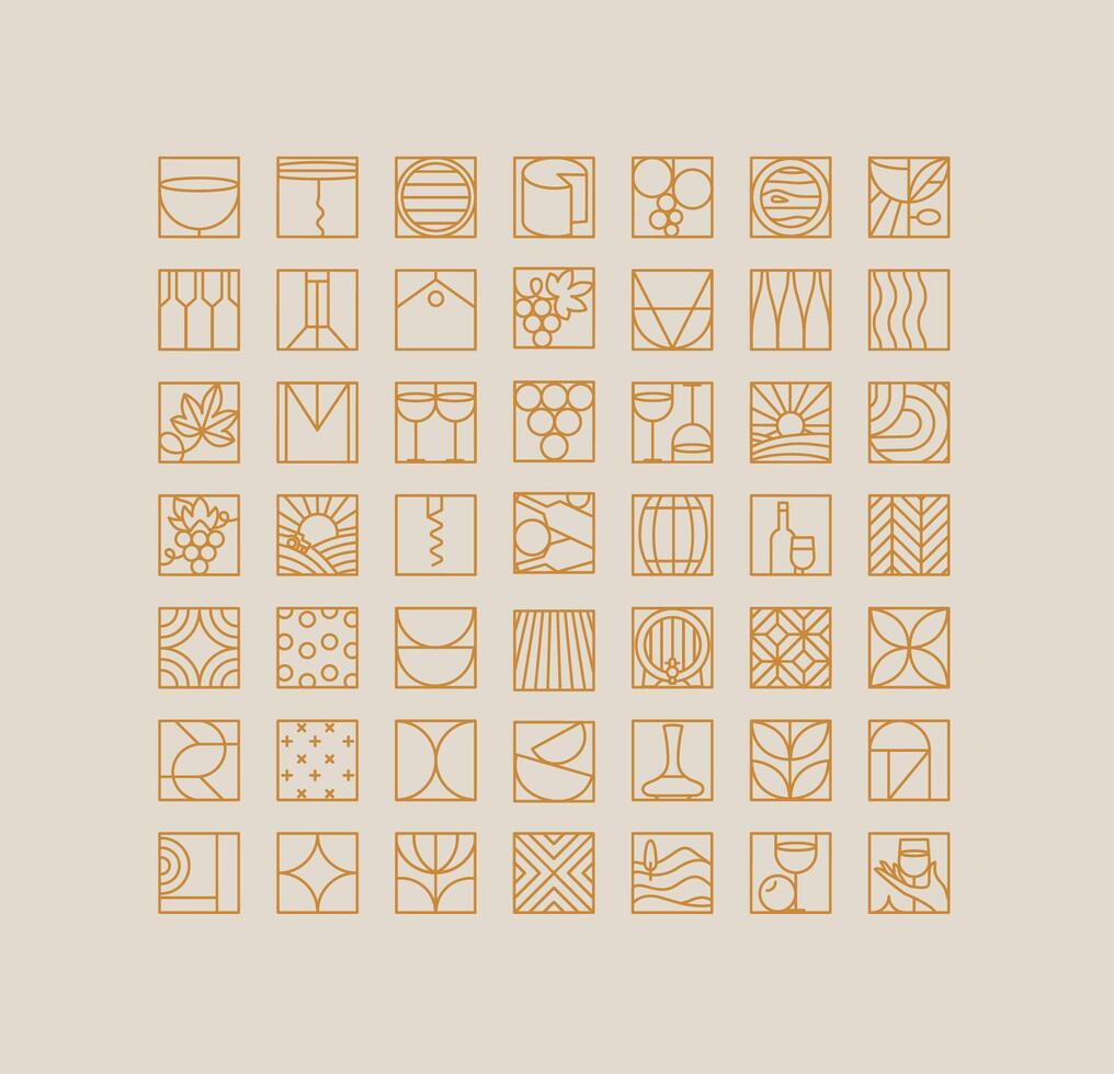 Wine art deco icons drawing in flat line style drawing on beige background. vector
