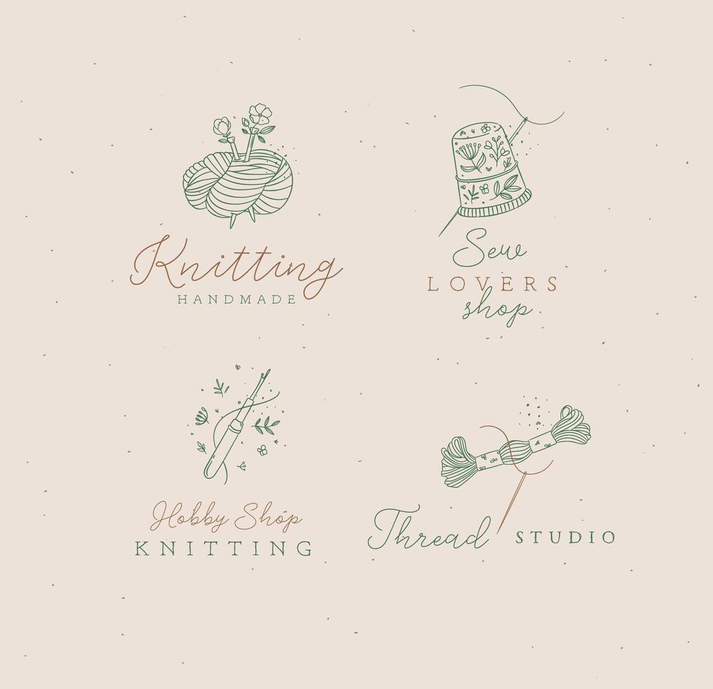 Sewing elements skein of thread, thimble, yarn, wool, crochet with lettering drawing in floral style on turquoise background vector
