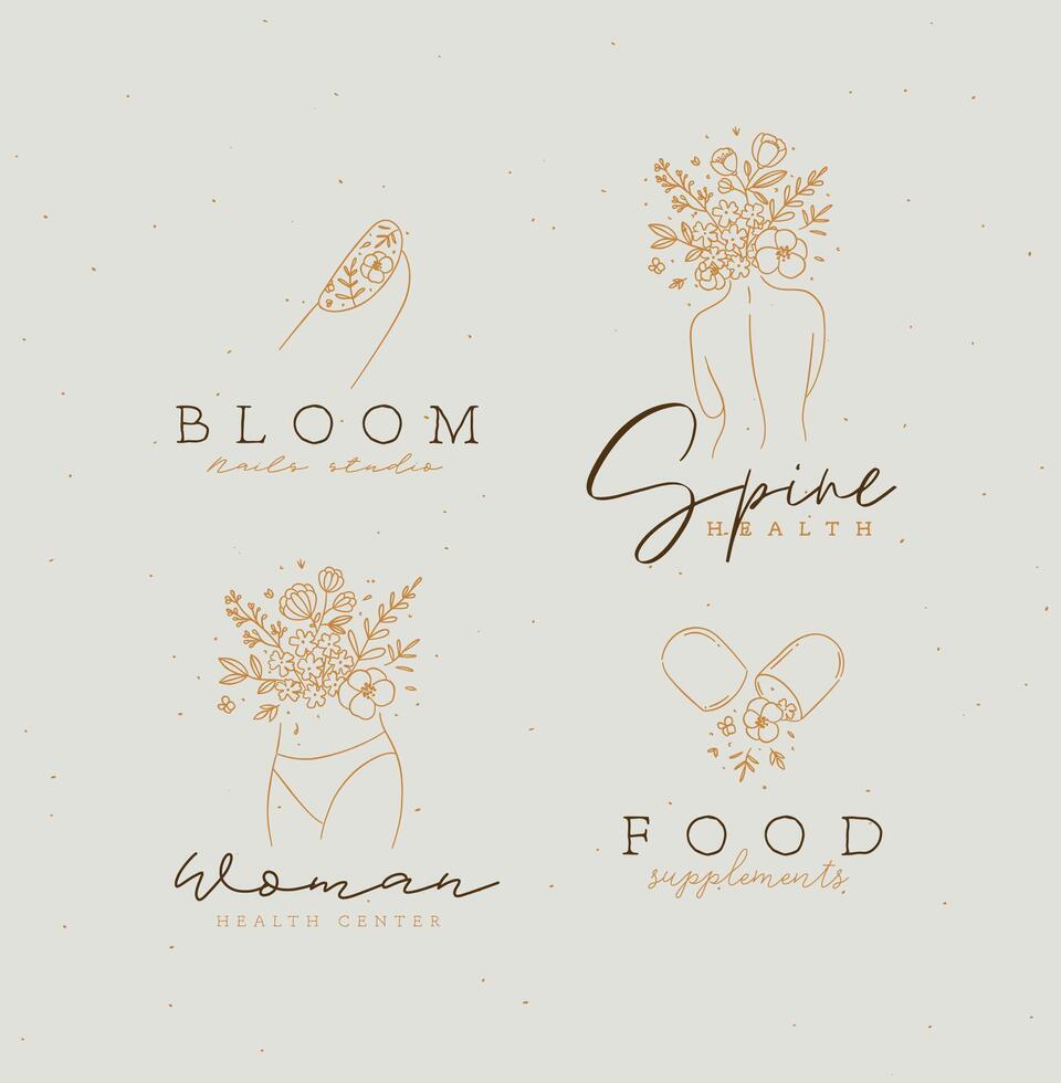 Beauty floral woman modern signs finger back belly pill with lettering nails studio spine health food supplements drawing in linear style on light background vector