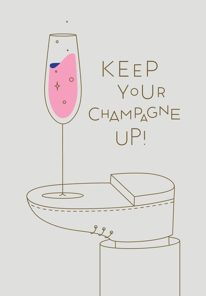 Alcohol poster. Champagne glass with lettering stands on foot drawing in line art style on beige background vector