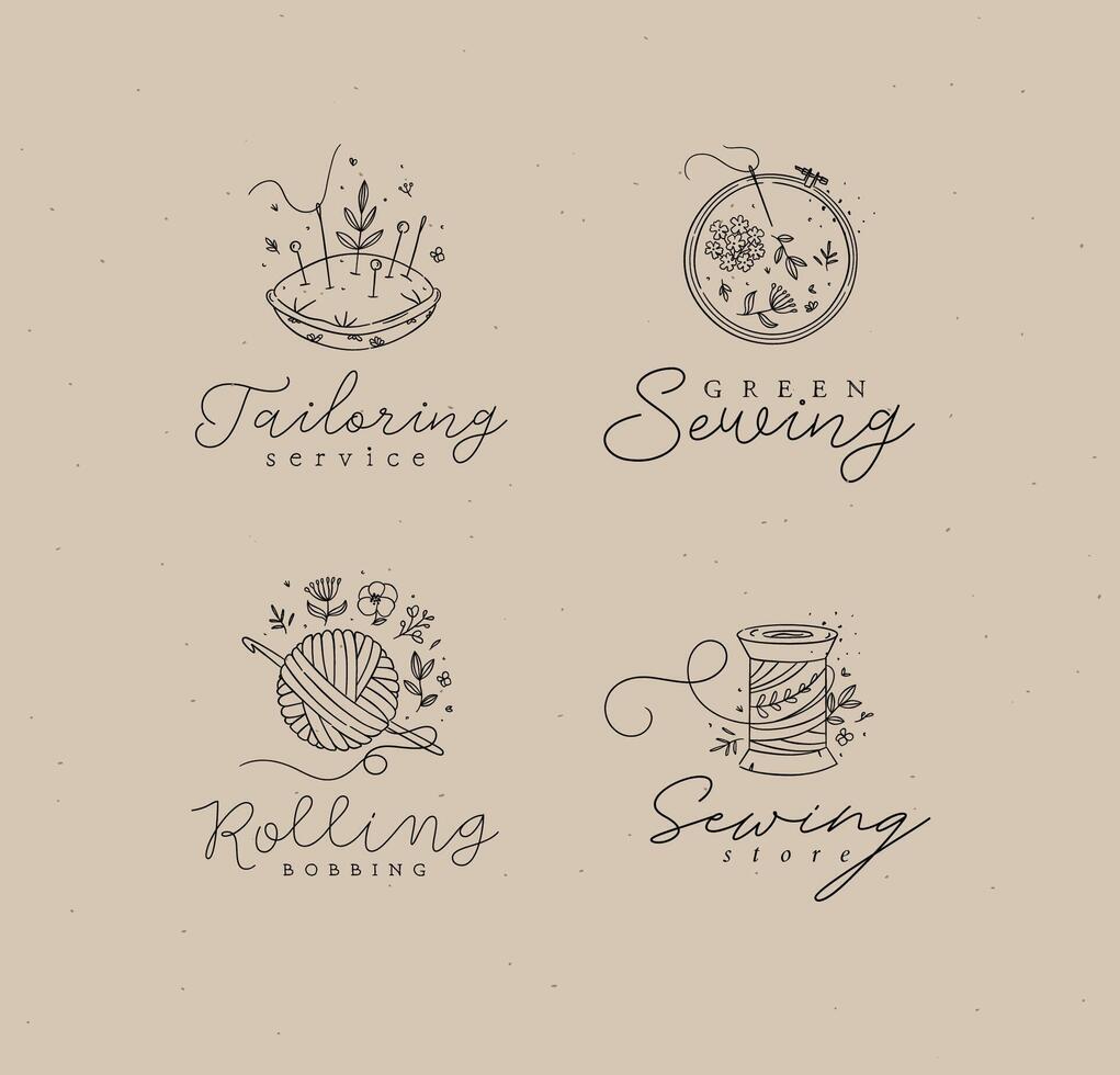Sewing labels pillow with needles, embroidery circle, ball and skein of thread with lettering drawing in floral style on coffee color background vector