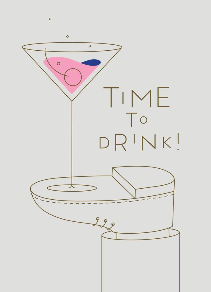 Alcohol poster. Manhattan cocktail glass with lettering time to drink stands on foot drawing in line art style on beige background vector