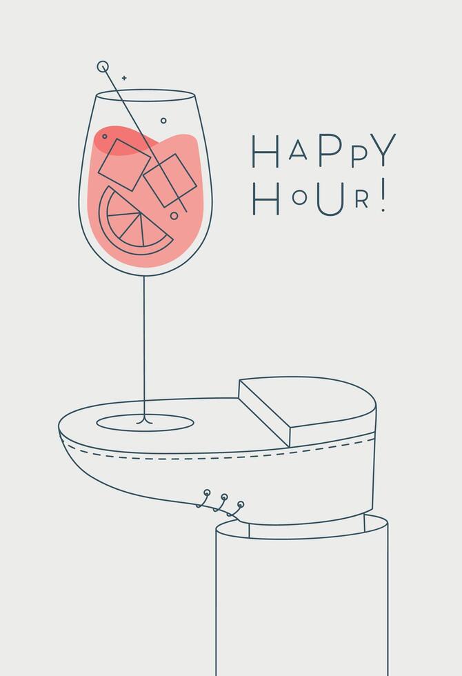 Alcohol poster. Spritz cocktail glass with lettering happy hour stands on foot drawing in line art style on light background vector