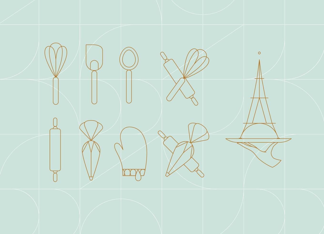 Kitchen utensils in art deco style to prepare bakery products whisk, spatula, measuring spoon, rolling pin, pastry bag, potholder, dish drawing on turquoise background vector
