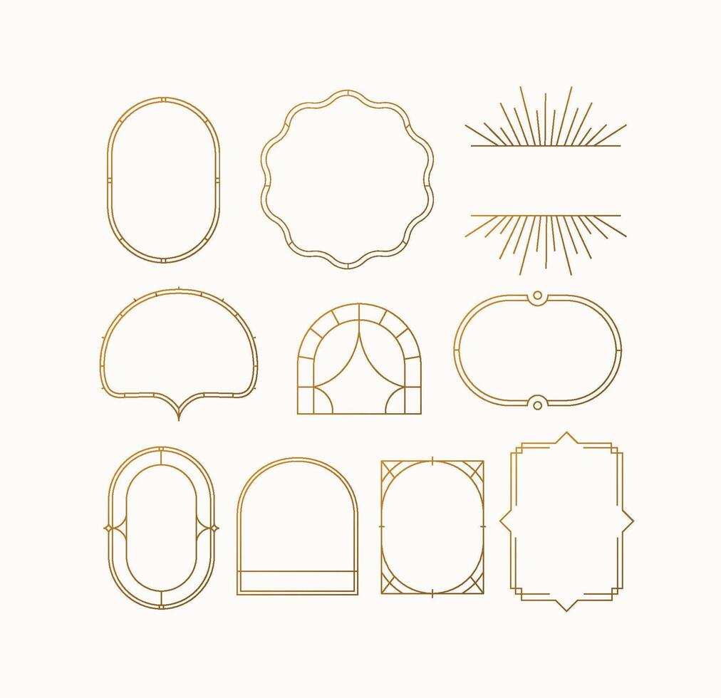 Art deco frames drawing in linear style on beige background. vector