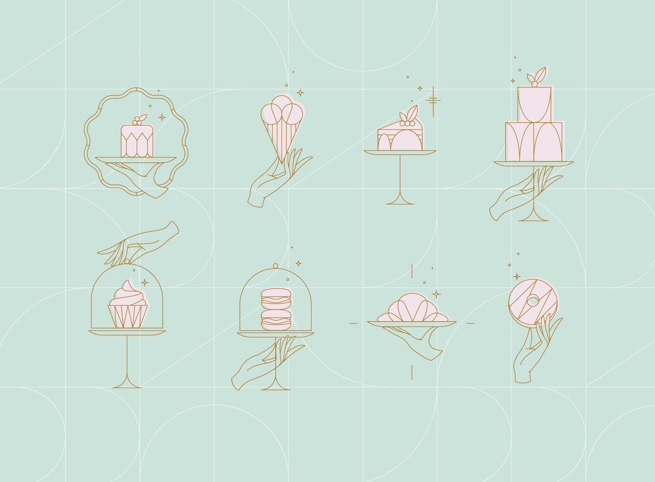 Desserts on cake stand in art deco style labels drawing on turquoise background vector