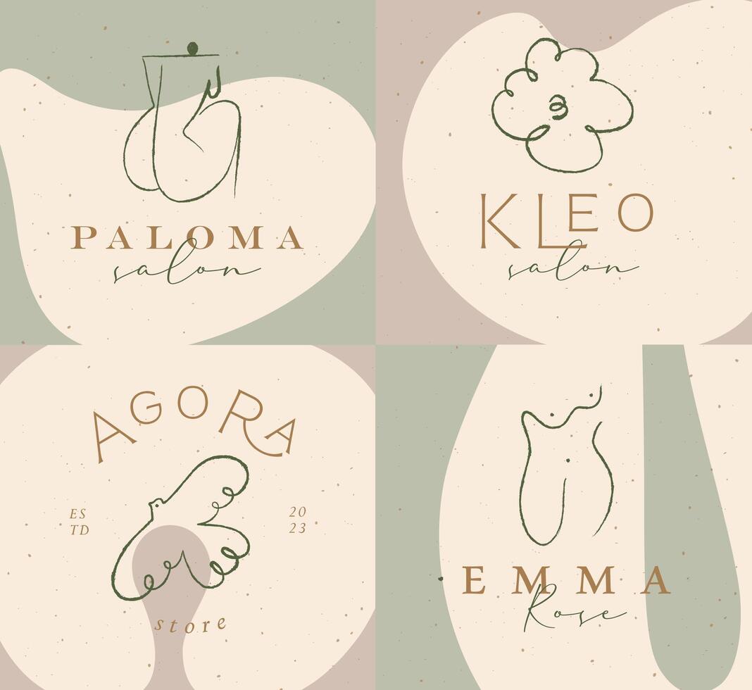 Labels art style woman back, torso, cloud, bird with lettering drawing on pastel color background vector