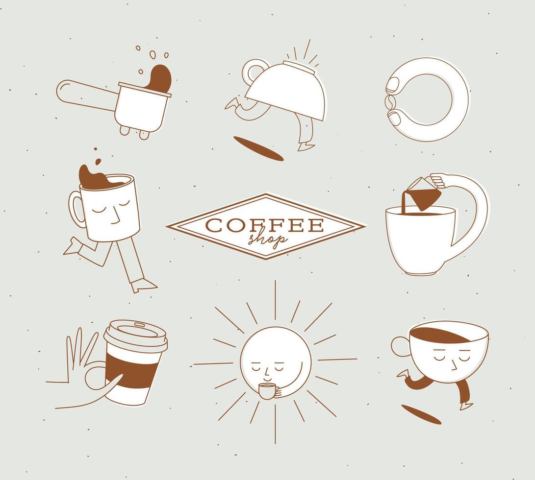 Coffee shop elements bottomless portafilter, running cup, coffee bean, sun, take away, milk jug drawing in cartoon flat line on beige background vector