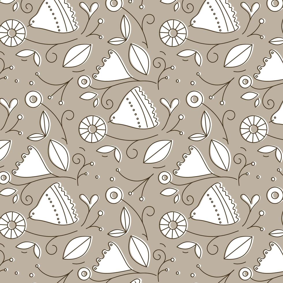 Ethnic floral and bird pattern drawing in linear style on beige background vector