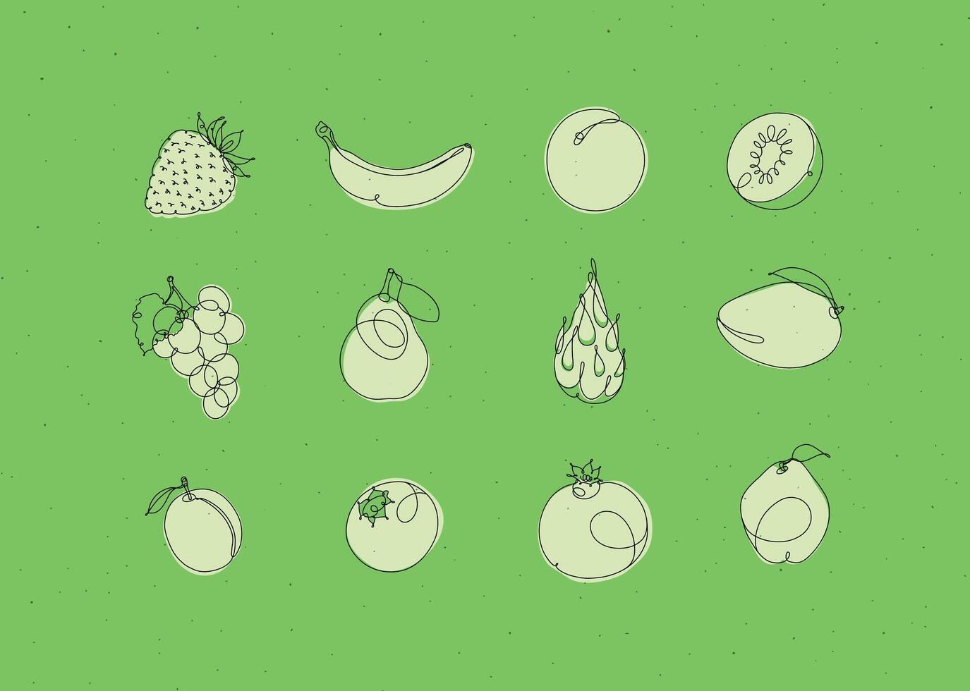 Fruits icons strawberry, banana, apricot, kiwi, grapes, pear, dragon fruit, mango, peach, blueberry pomegranate quince drawing in linear style on green background vector