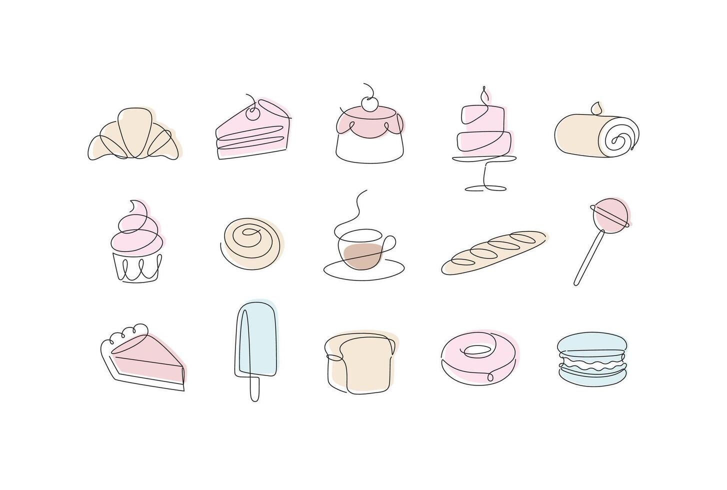 Linear bakery and dessert icons cupcake, lollipop, coffee, baguette, pie, doughnut, ice cream, cake, macarons, bread, biscuit drawing in pen line style on light background vector