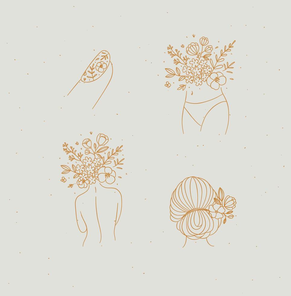 Beauty floral woman modern icons finger belly back hairstyle drawing in linear style with beige on light background vector
