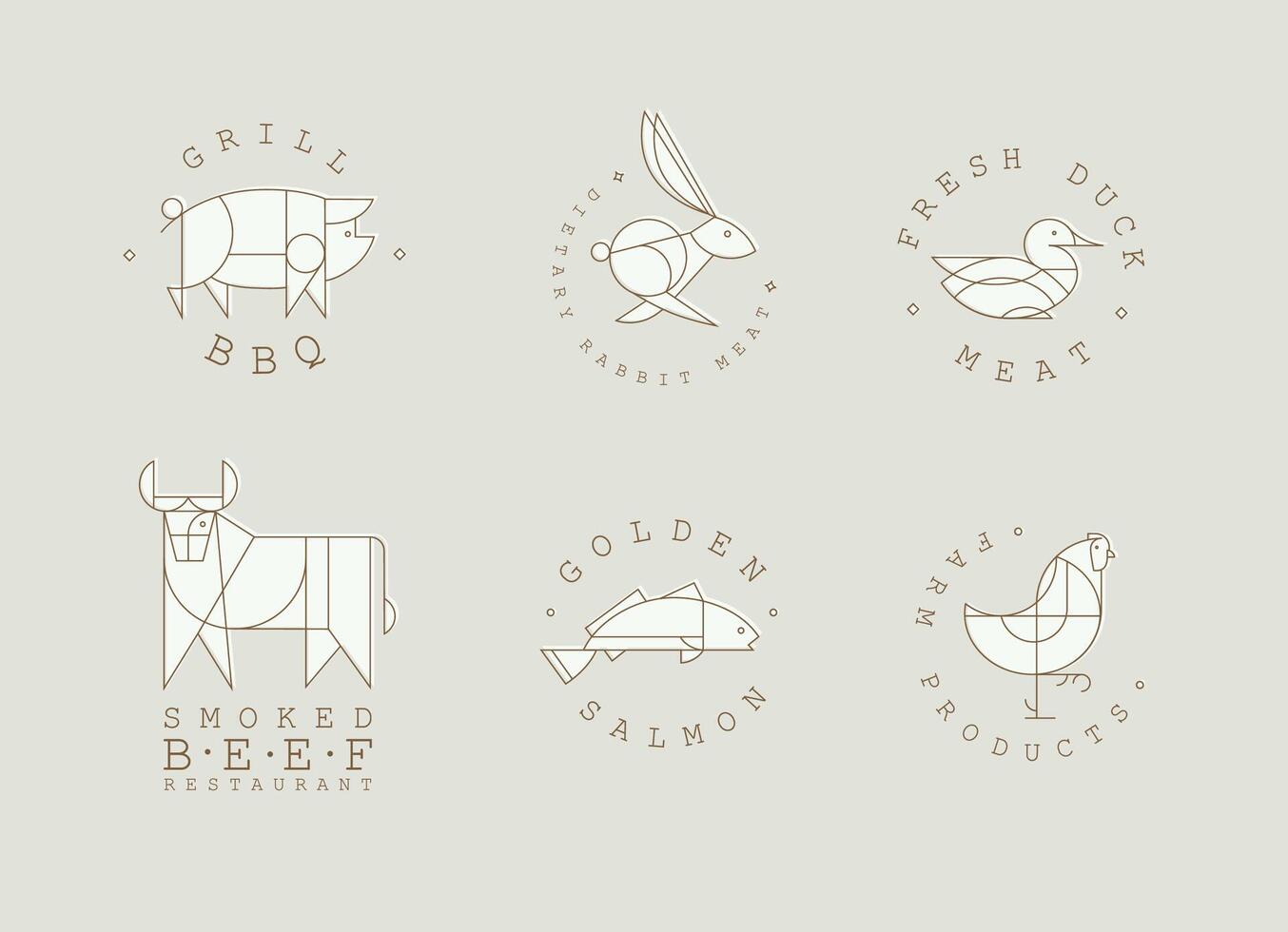 Animal labels in art deco linear style with lettering grill bbq, fresh meat, smoked beef restaurant, golden salmon, farm products drawing on beige background vector