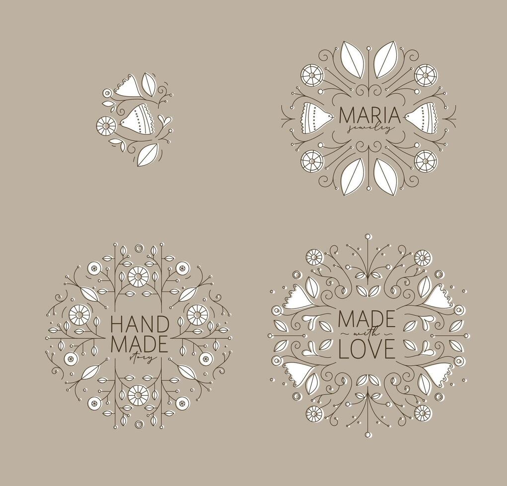 Ethnic floral labels with lettering drawing in linear style on beige background vector