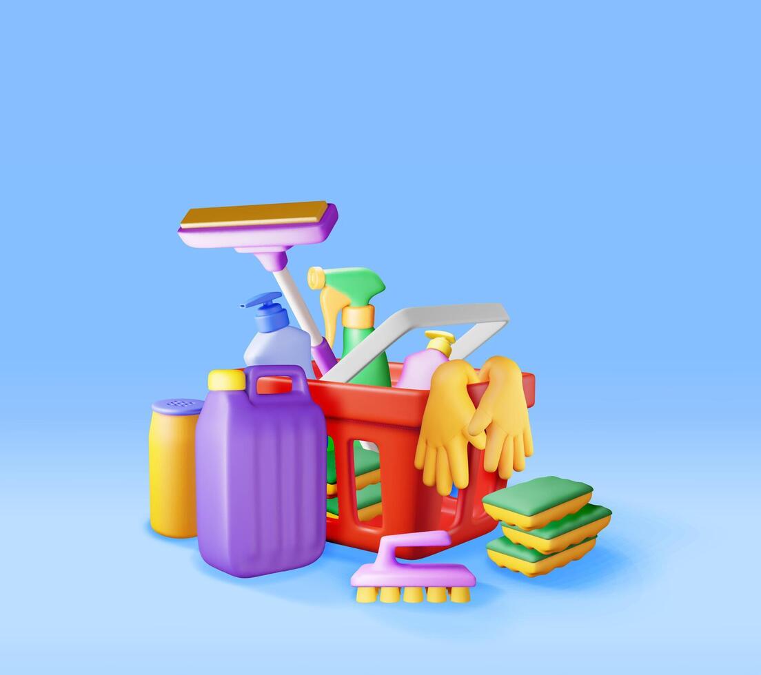 3D set of home cleaning tools isolated. Render collection of accessories for washing dishes and house cleaning. Bottle of detergent, soap gloves. Bucket, brush sponge. vector