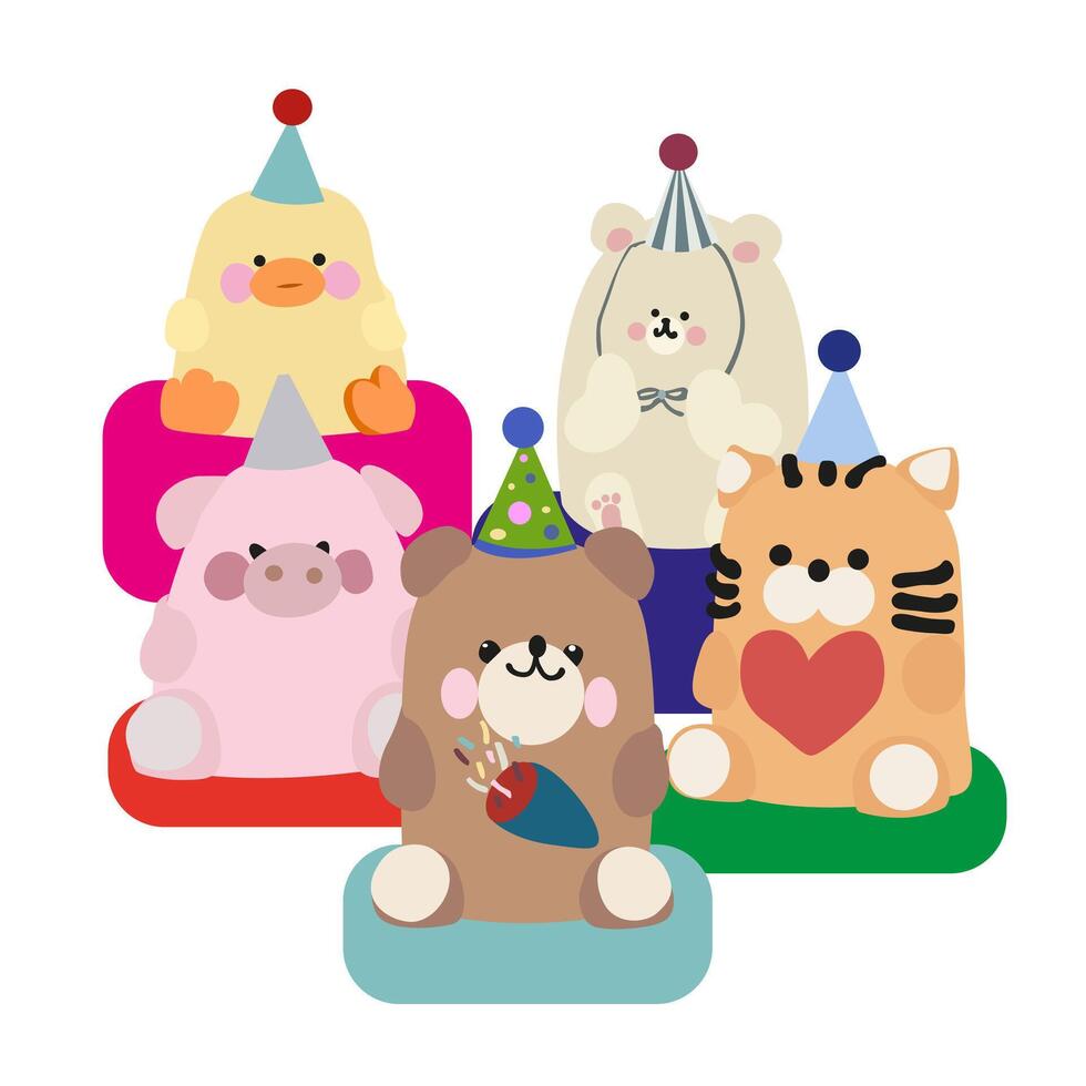 Happy birthday collection with cartoon character animals. Hand drawn Birthday card with cute cartoon toys. festive teddy bear, cat, pig, duck and bunny. Animals birthday card vector