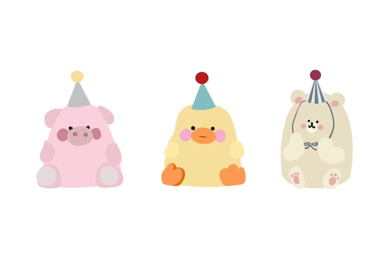 Happy birthday collection with cartoon character animals. Hand drawn Birthday card with cute cartoon toys. festive teddy bear, cat, pig, duck and bunny. Animals birthday card vector