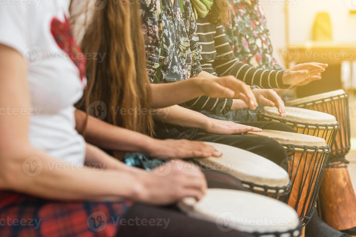 Music therapy concept, a group of people playing different types of musical instruments, music healing photo
