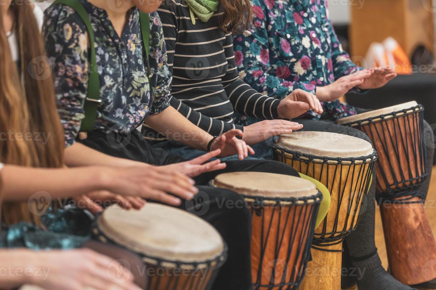 Music therapy concept, a group of people playing different types of musical instruments, music healing photo