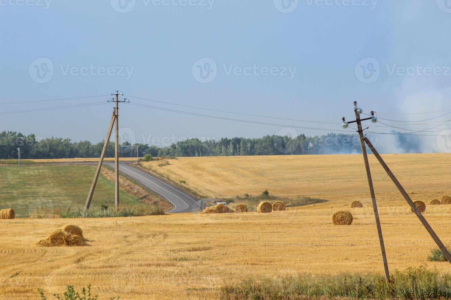 Haystacks in summer field harvesting background. Mid-simmer and autumn rural scene with hay bales and sky. . High quality photo