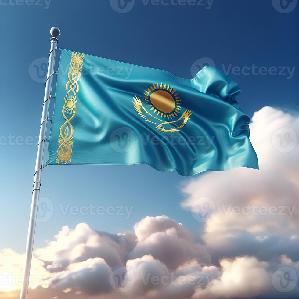Proud Flutter of the Kazakhstan Flag Against the Sky photo