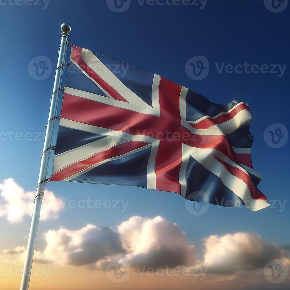 Proud Flutter of the United Kingdom Flag Against the Sky Background photo