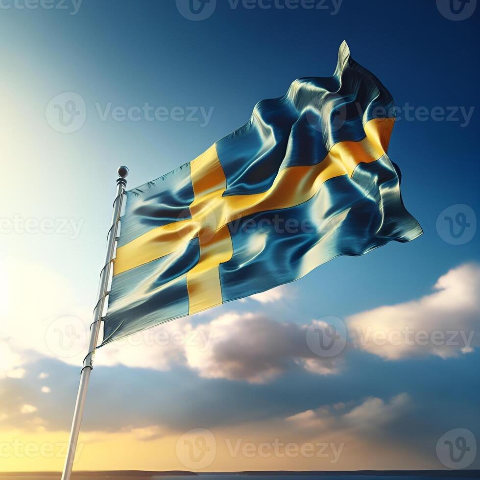 Proud Flutter of the Sweden Flag Against the Sky Background photo