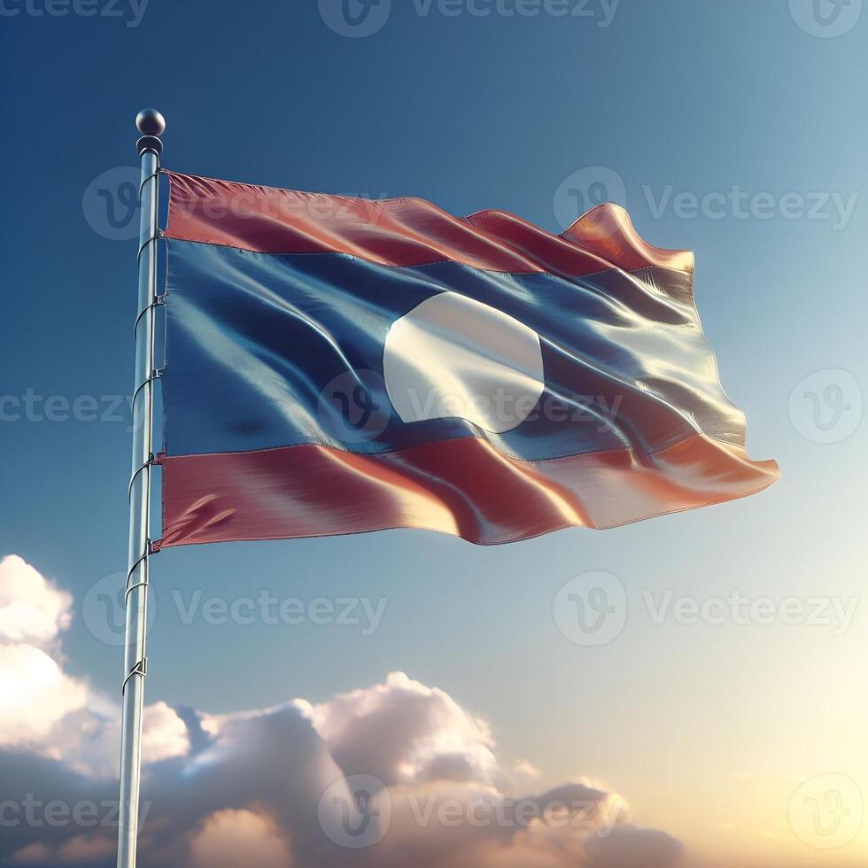 Proud Flutter of the Laos Flag Against the Sky photo