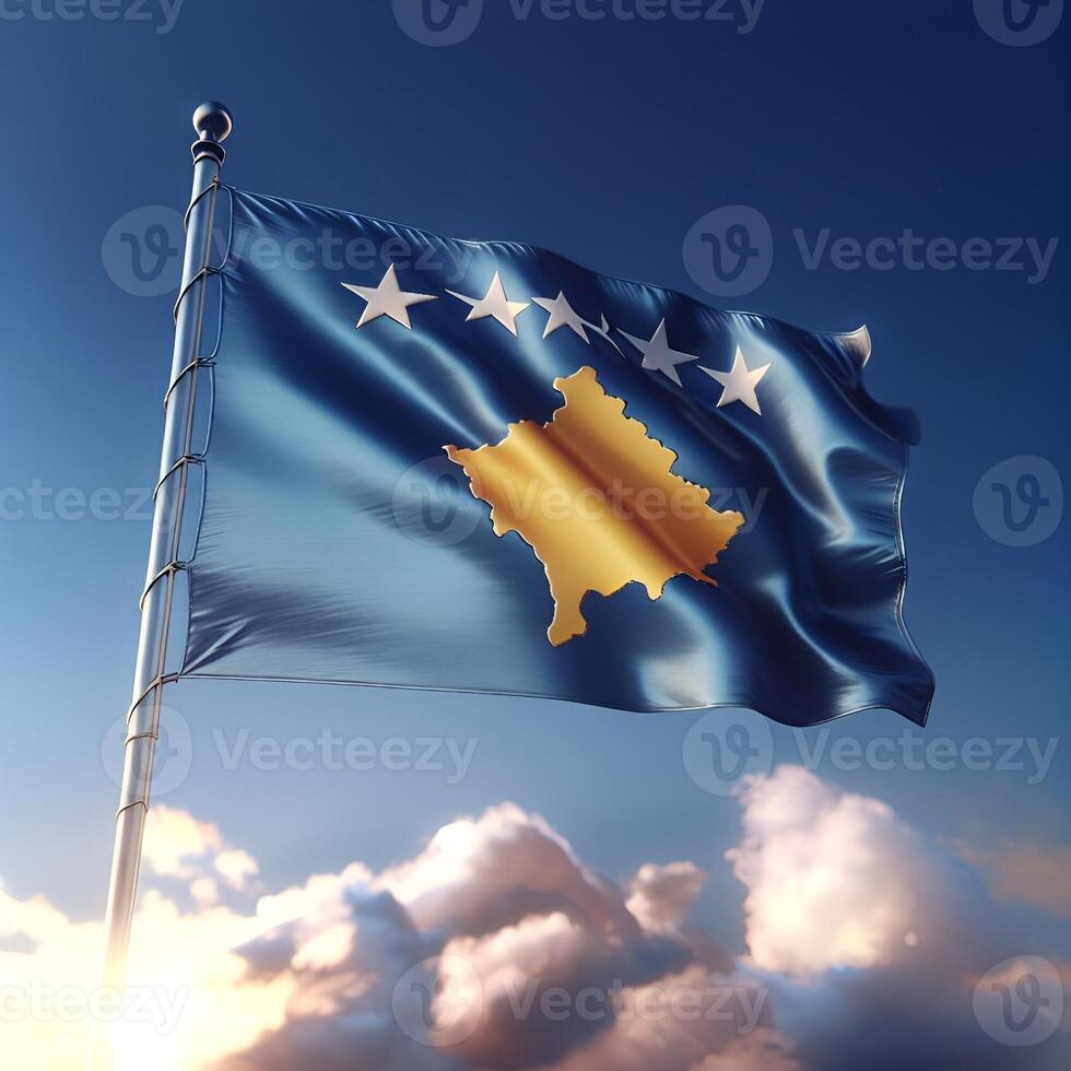 Proud Flutter of the Kosovo Flag Against the Sky photo