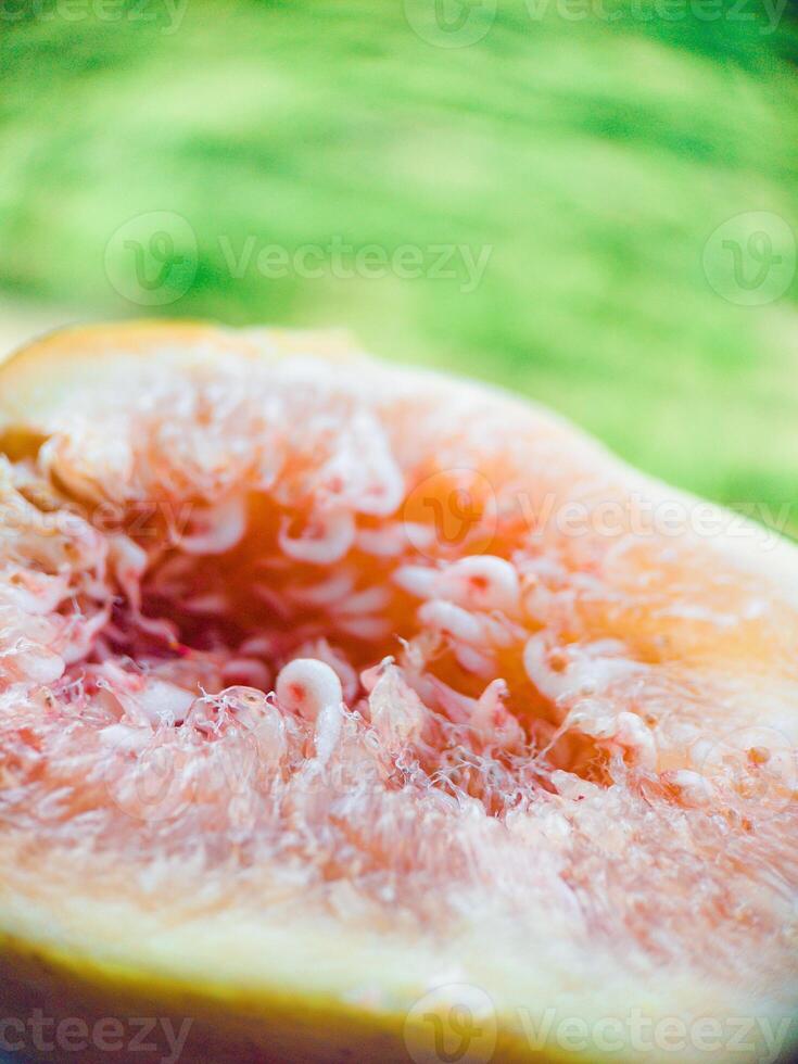Fresh fig fruit pulp macro soft focus close up. Organic food beautiful background. Harvesting figs. Shallow depth of field fruit texture. High quality photo