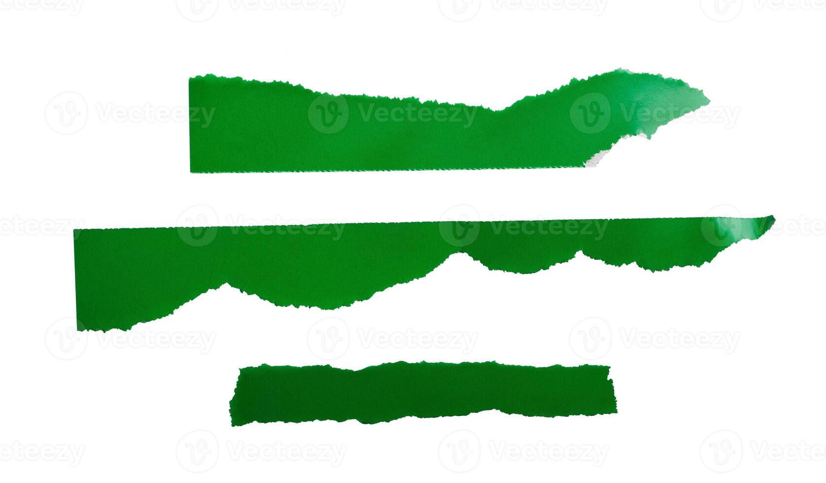 Several strips of torn paper green tape cut out on white background photo