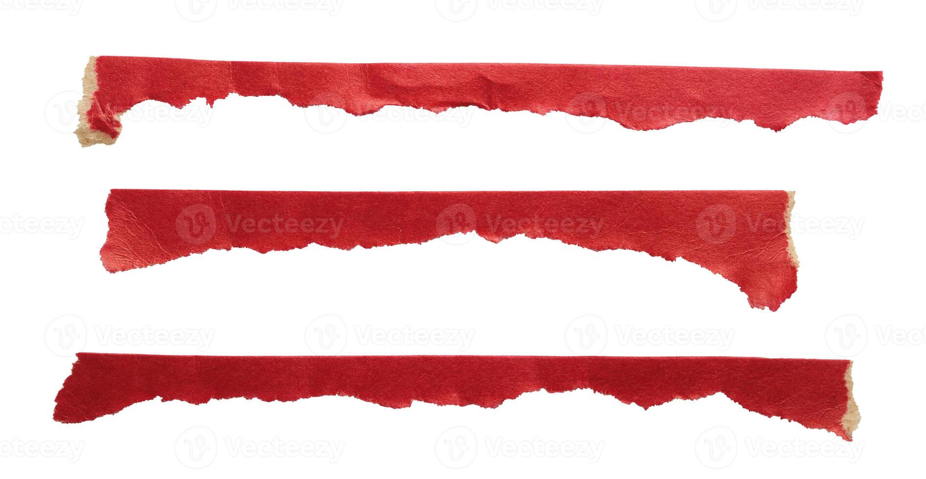 Several strips of torn paper red tape cut out on white background photo