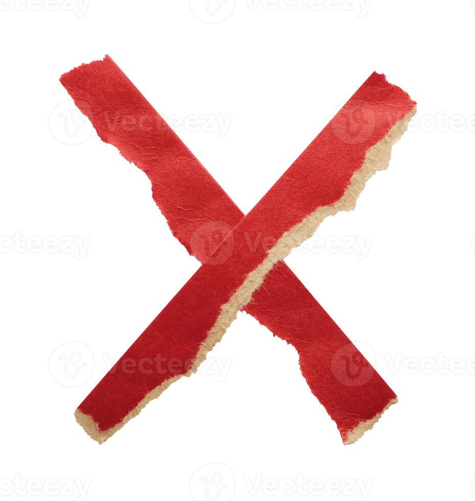 Adhesive red paper X shaped tape cut out on white background photo