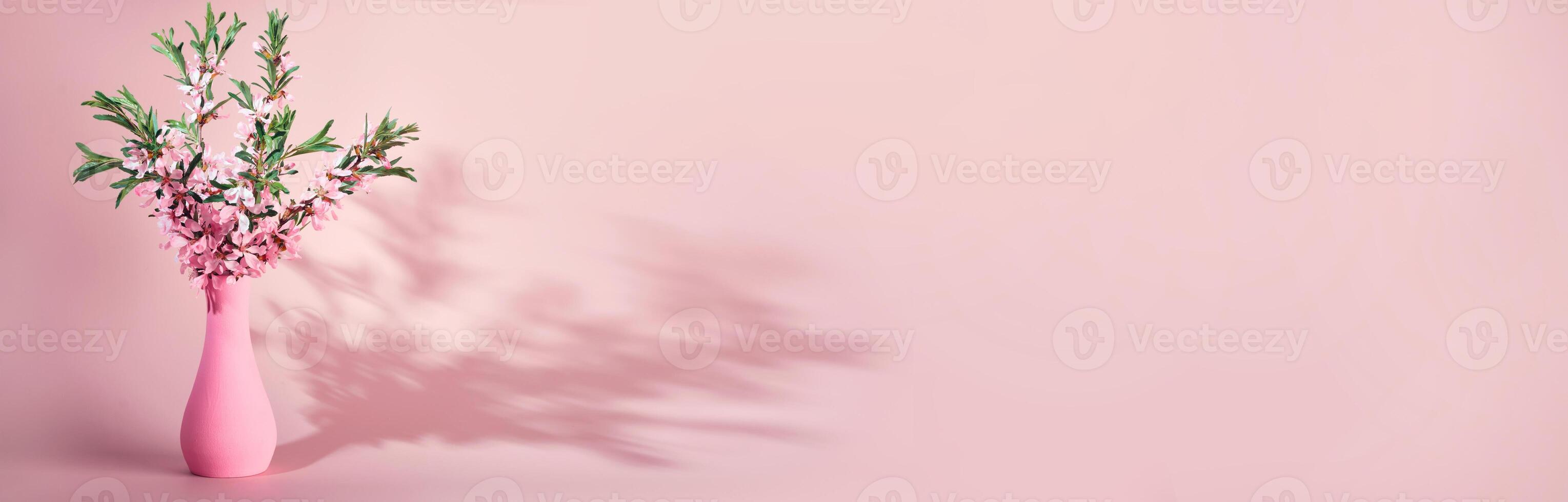 Beautiful flowering branches of almonds on a pink banner. Bouquet in a vase, hard shadow. photo