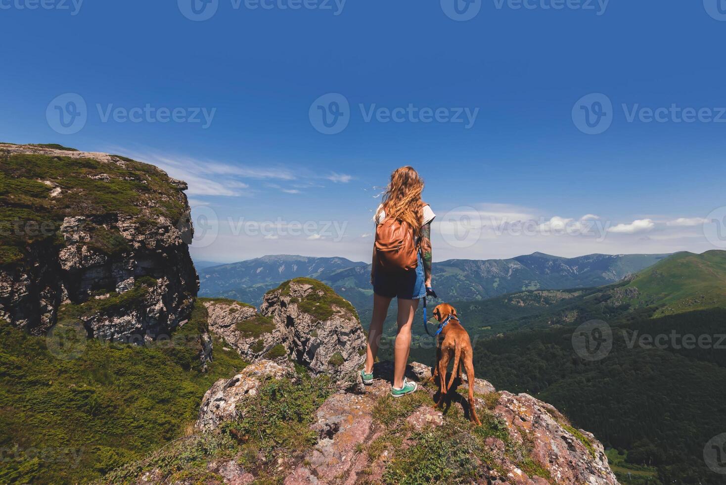 Woman Backpacker and Vizsla Dog on Mountain Top photo