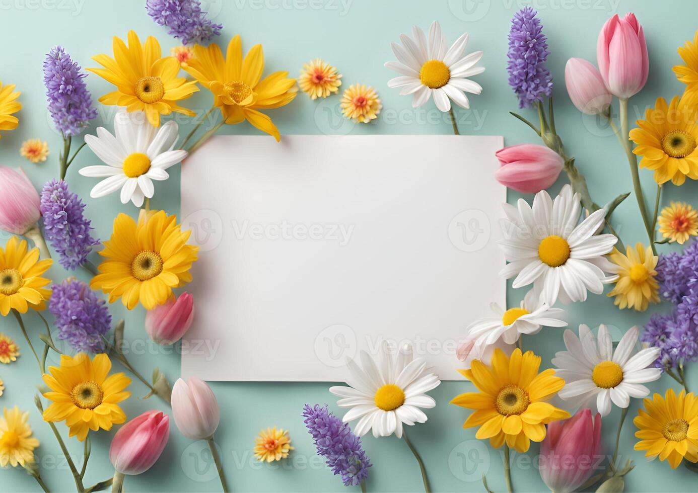 Colorful spring flowers with white copy space Beautiful mockup spring background photo