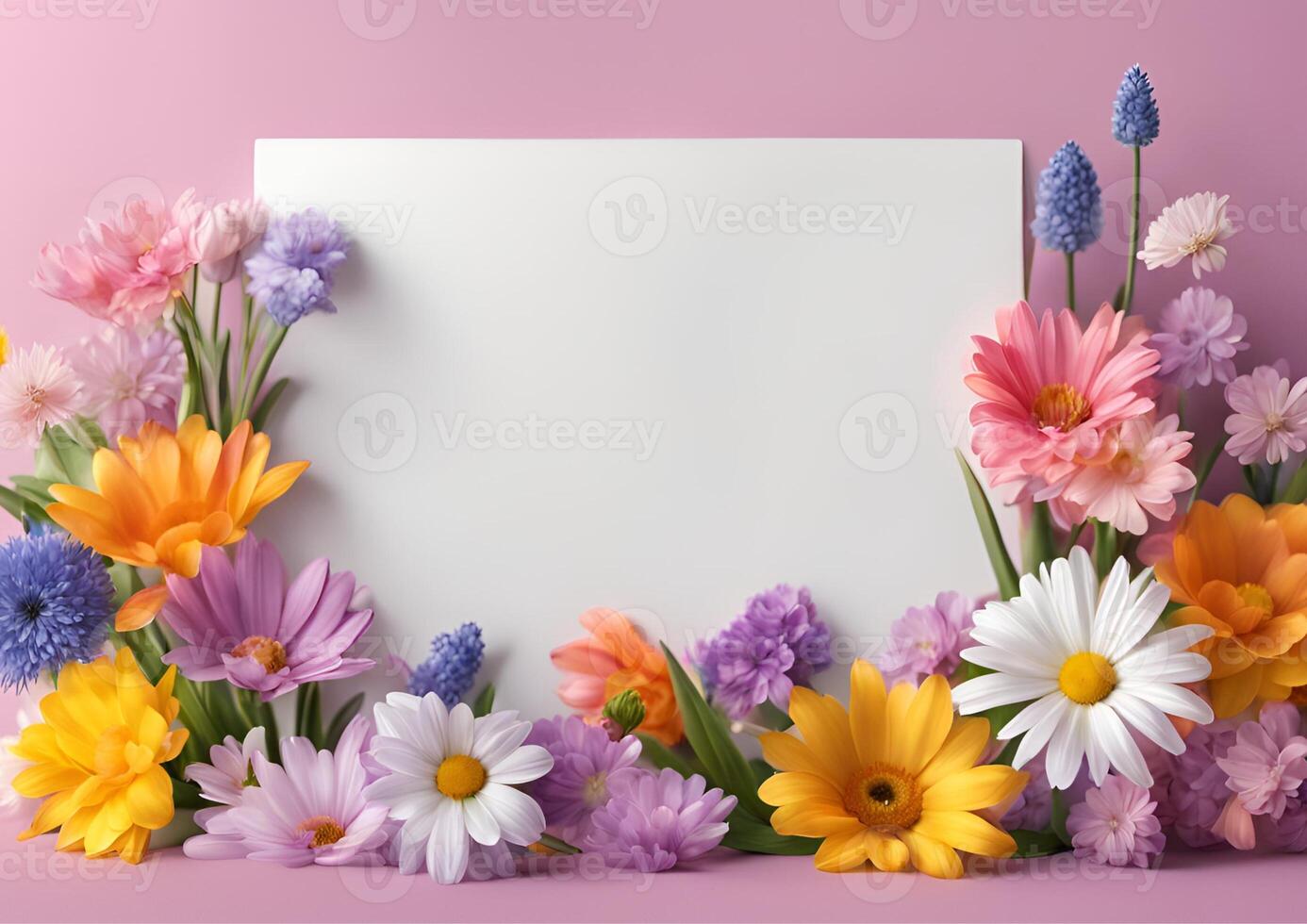 Colorful spring flowers with white copy space Beautiful mockup spring background photo