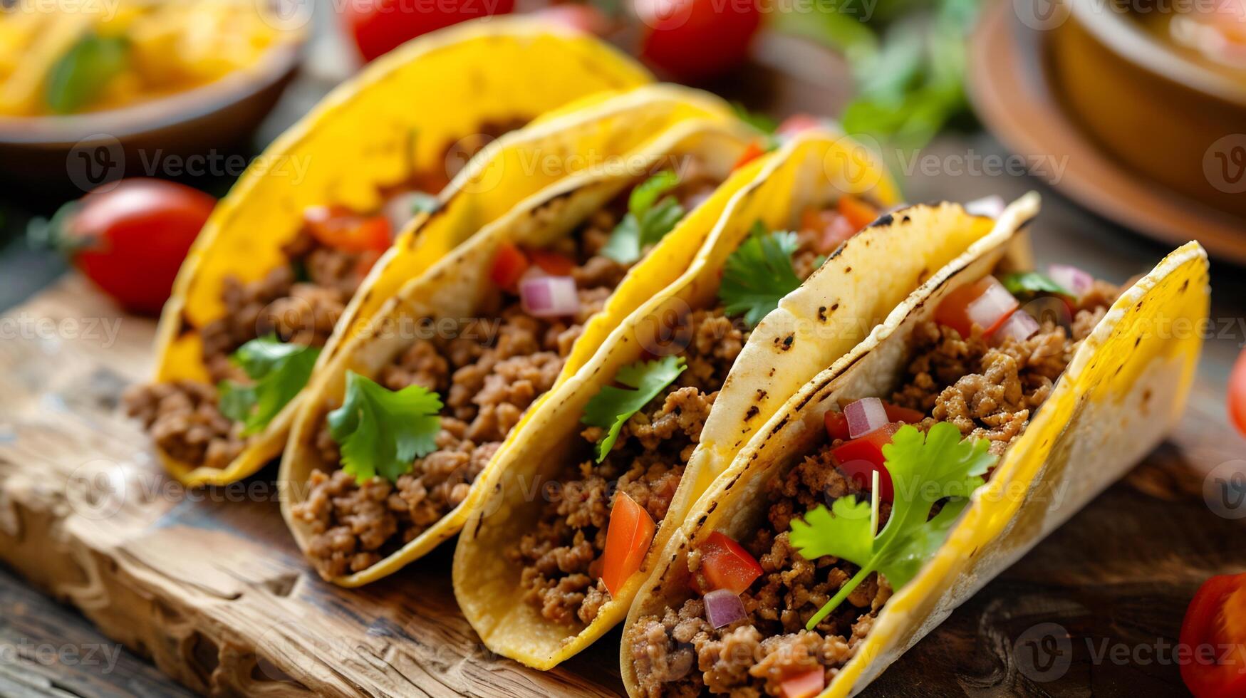 Mexican food fresh tacos with ground meat on the wooden table photo