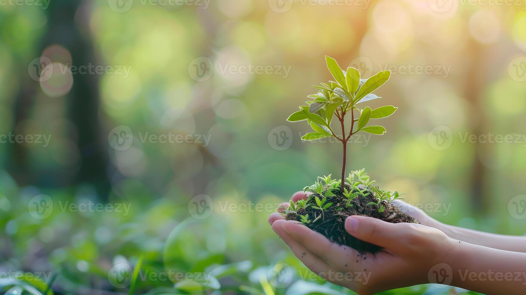 Environment Earth Day In the hands of trees growing seedlings. Bokeh green Background Female hand holding tree on nature field grass Forest conservation concept photo