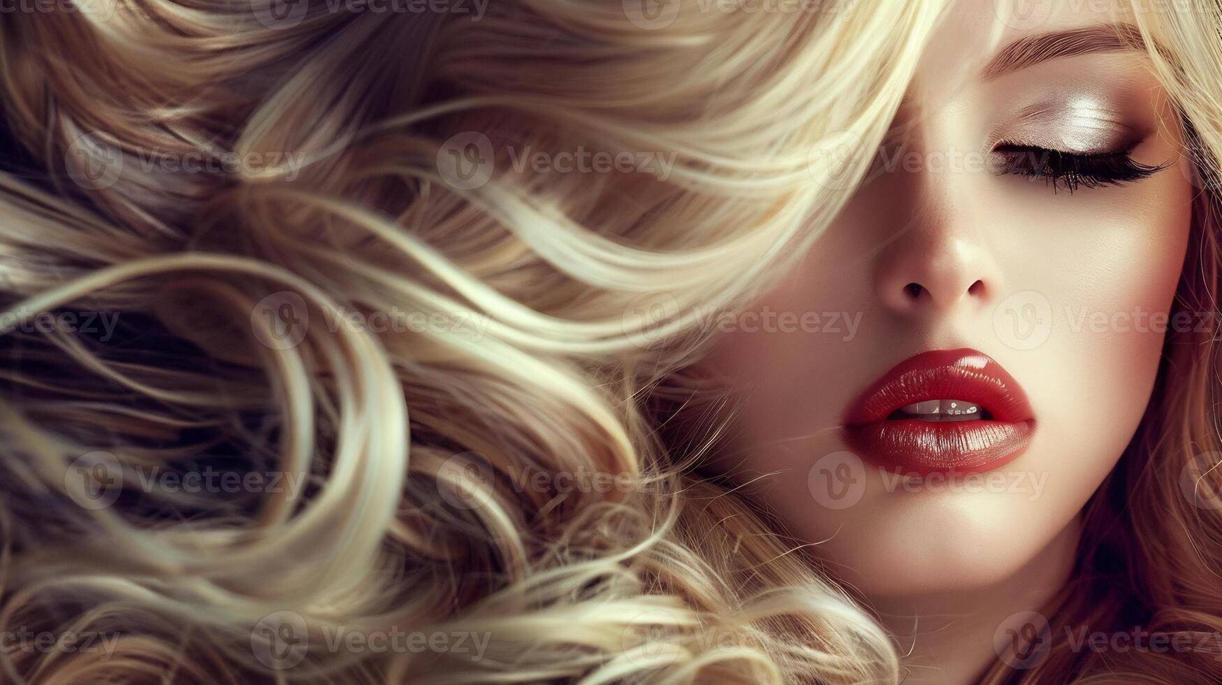 Fashion portrait of elegant woman with magnificent hair. Blonde girl. Perfect make-up photo