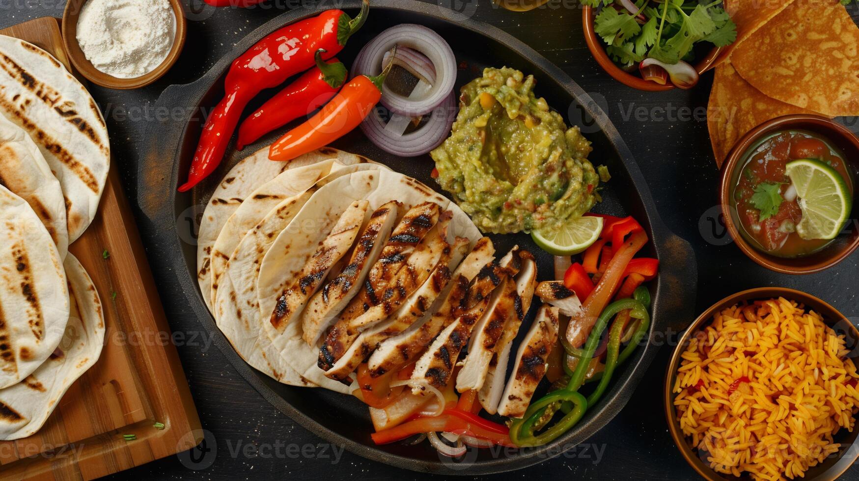 Traditional Mexican Food chicken fajitas, fajita peppers, cilantro and lime rice, tortillas, guacamole and salsa photo
