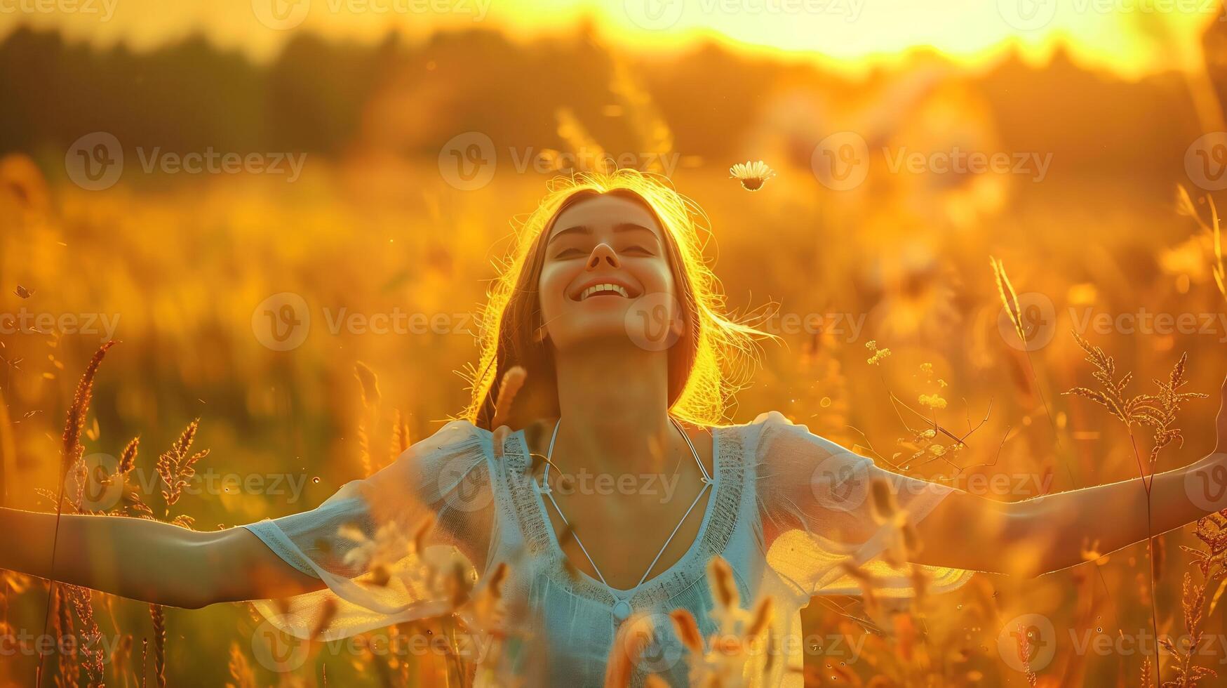 Happy girl enjoying the happiness on sunny meadow. Free girl enjoys the happiness and freedom on sunny meadow. Nature photo