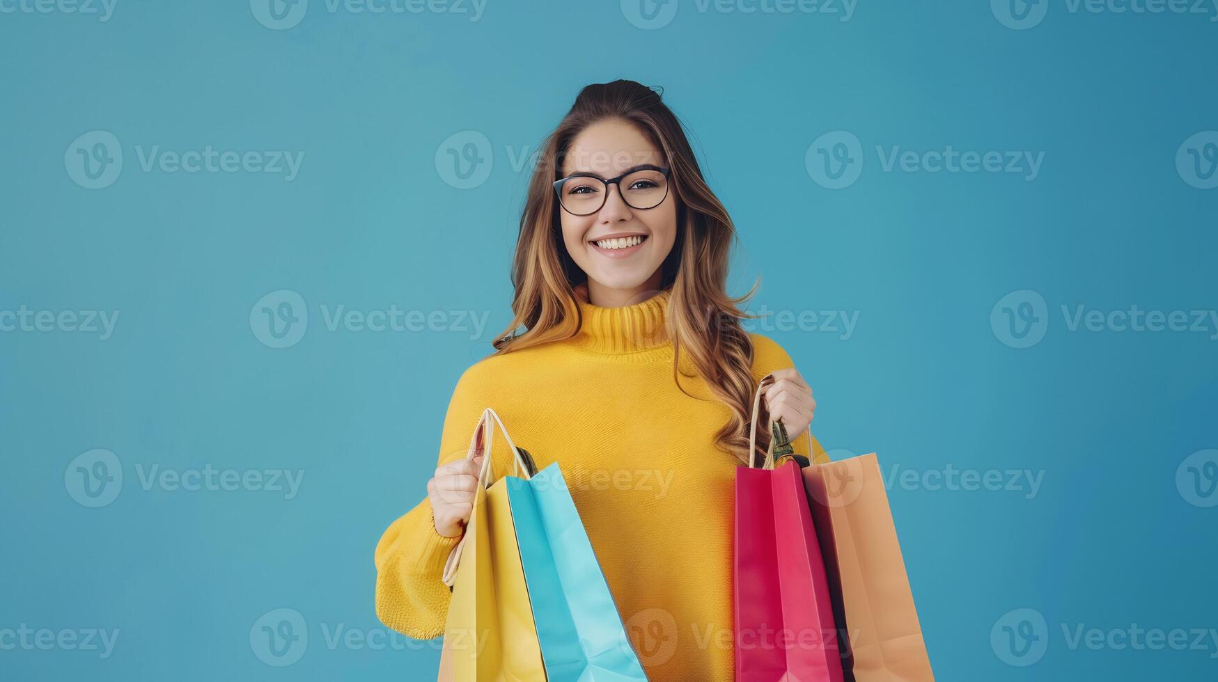 Photo portrait of lovely young lady promote her shoping bag with big discount, open space on other background, isolated on blue color background