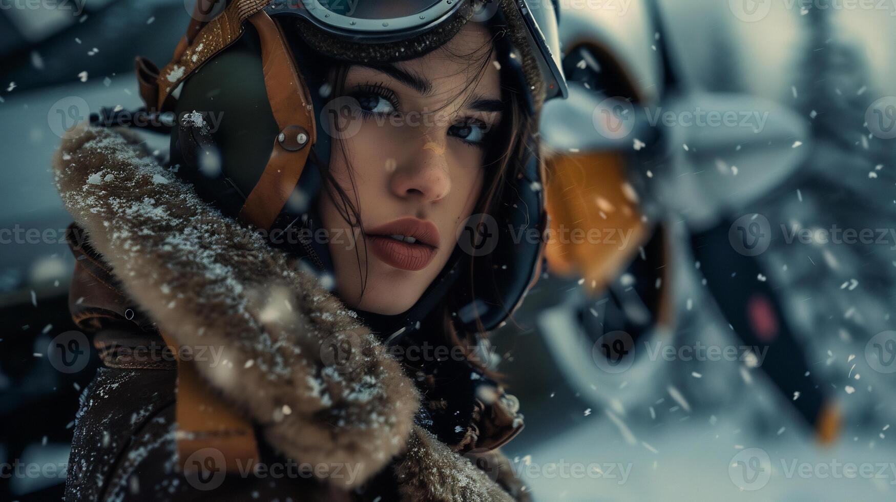A beautiful brunette pilot girl in snow photo