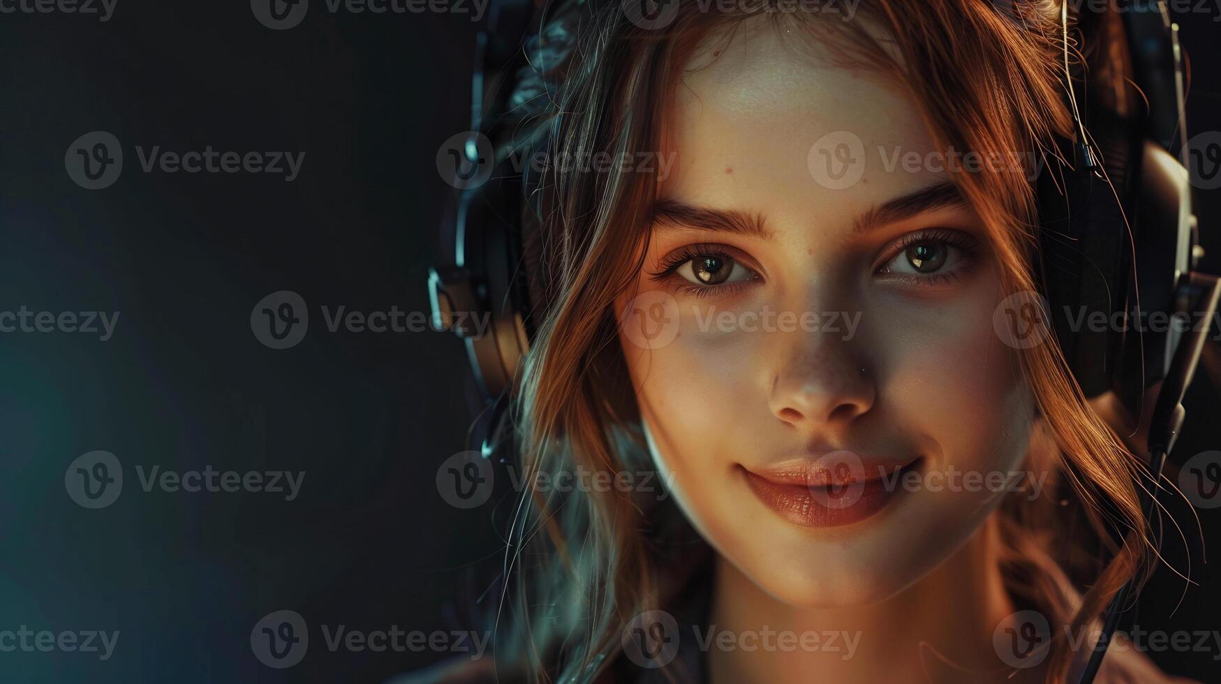 beautiful woman telemarketer and customer services, face posing as a model, open space on other background photo