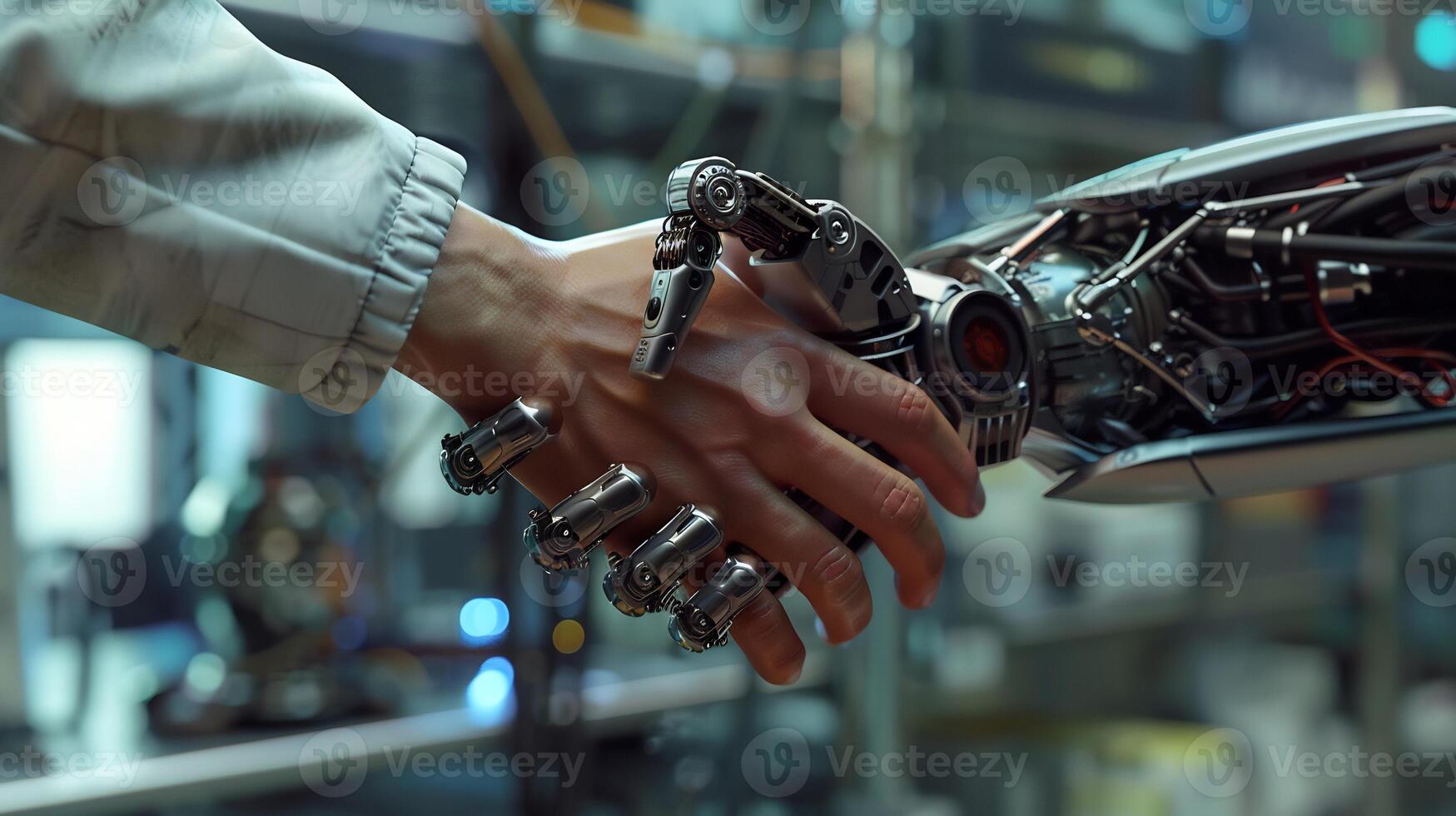 a portrait of a human hand shaking a robot's hand, with a technology laboratory in the background photo