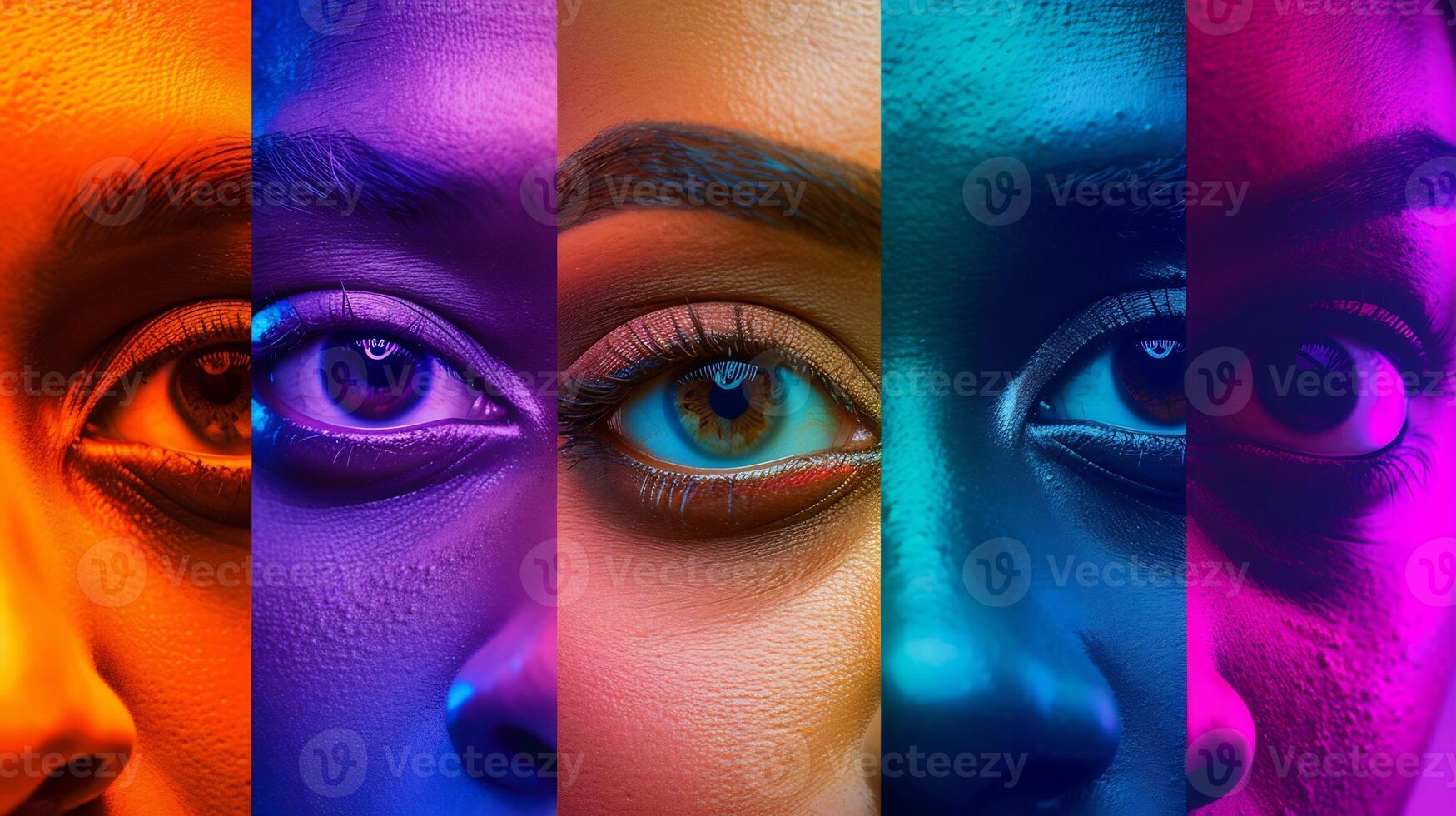 Collage of close-up male and female eyes isolated on colored neon background. Multicolored stripes. Concept of equality photo